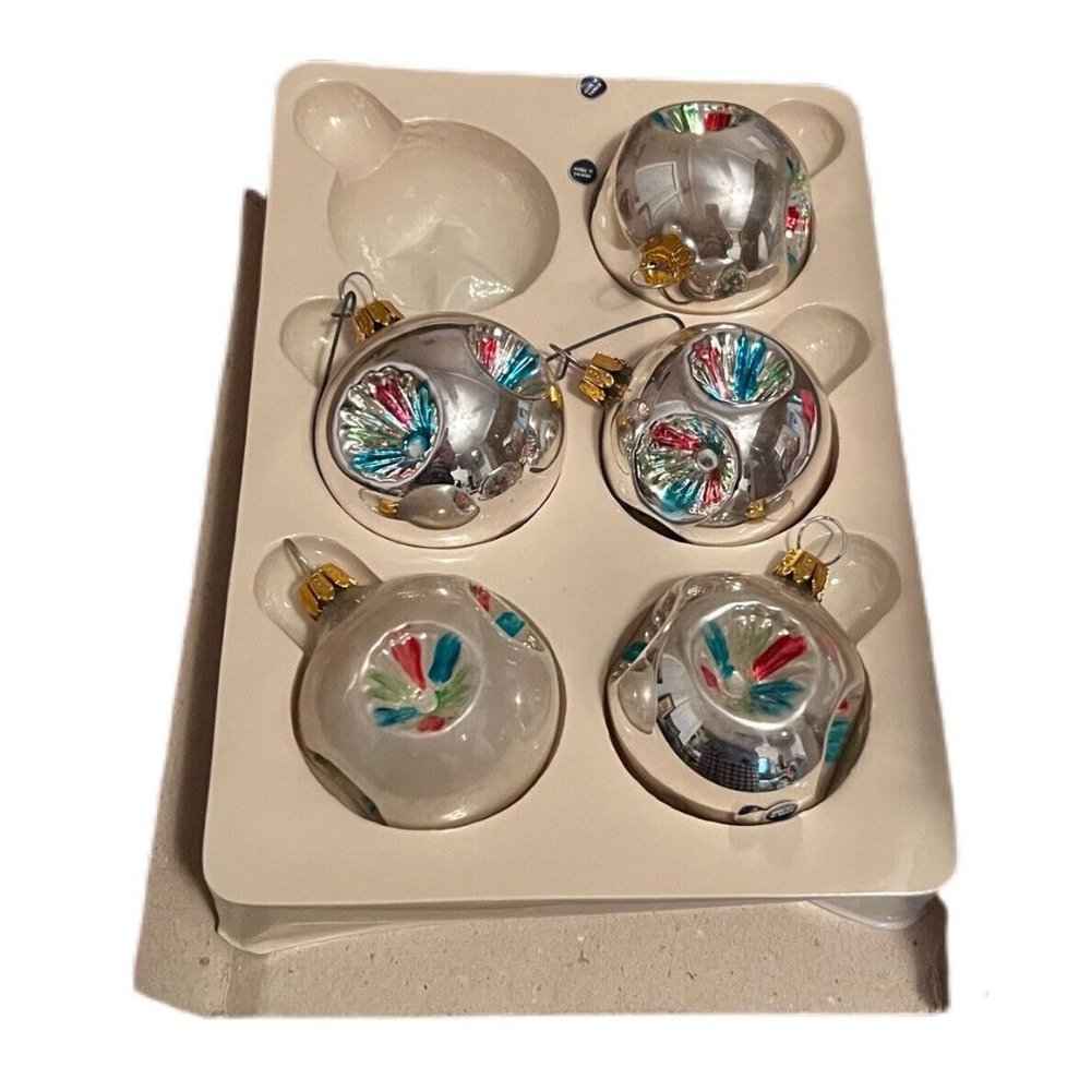 Vtg Delicate Glass Christmas Silver and Multi Colored 5 Ornaments Original Box